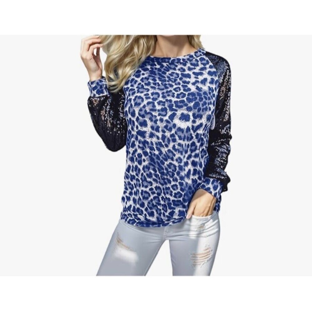 Women's Blue Leopard Print Blouse W/Black Sequin Sleeves. XL Cute!!